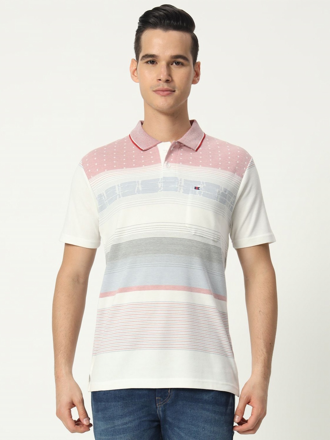 

TAB91 Men Striped Polo Collar Cotton T-shirt, White