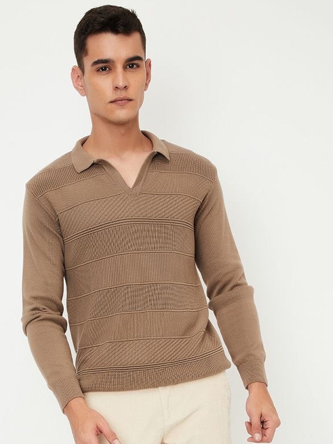 

max Men Striped Pure Cotton Pullover, Brown