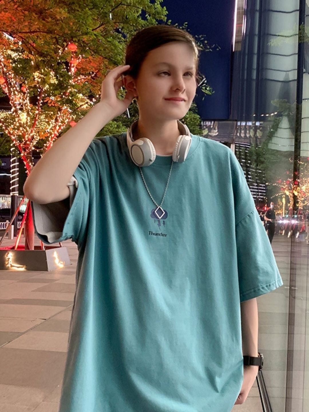 

HERE&NOW Men Graphic Printed Round Neck Oversized T-shirt, Turquoise blue