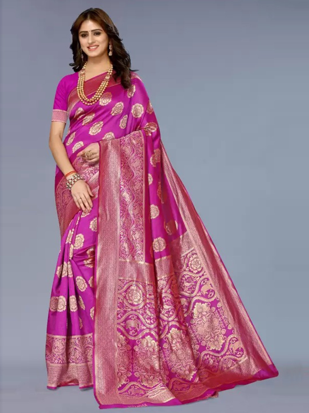 

KALINI Woven Design Zari Pure Silk Kanjeevaram Saree, Pink
