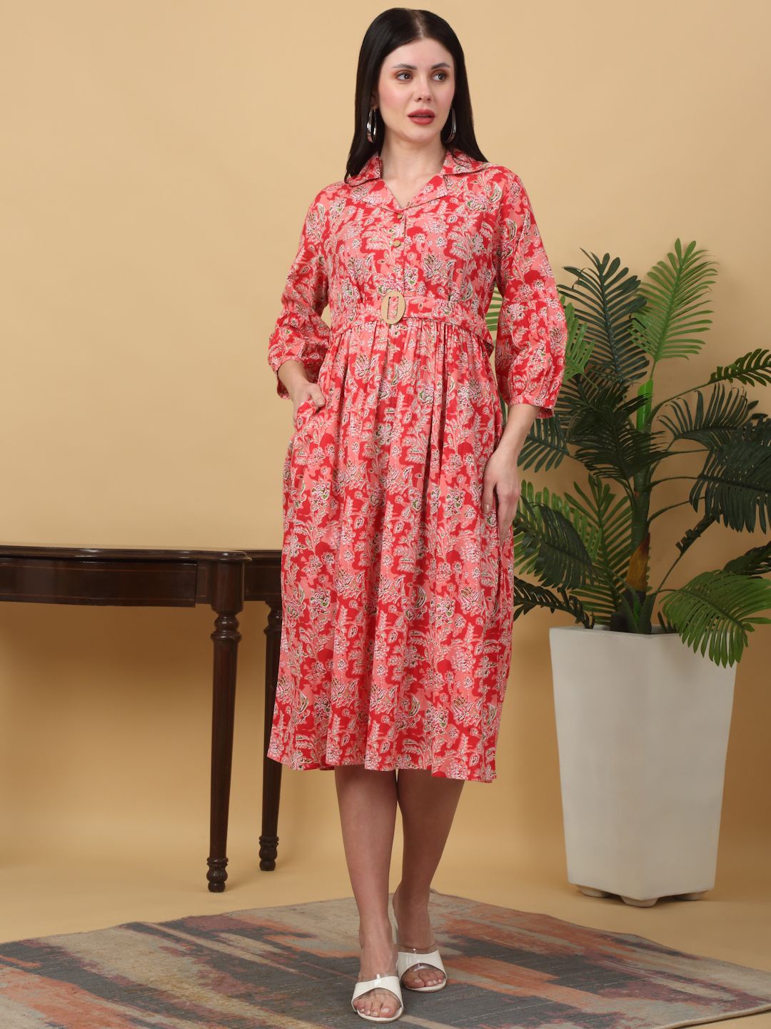 

KALINI Floral Printed Lapel Collar Three-Quarter Sleeves Pure Cotton Ethnic Dress, Pink