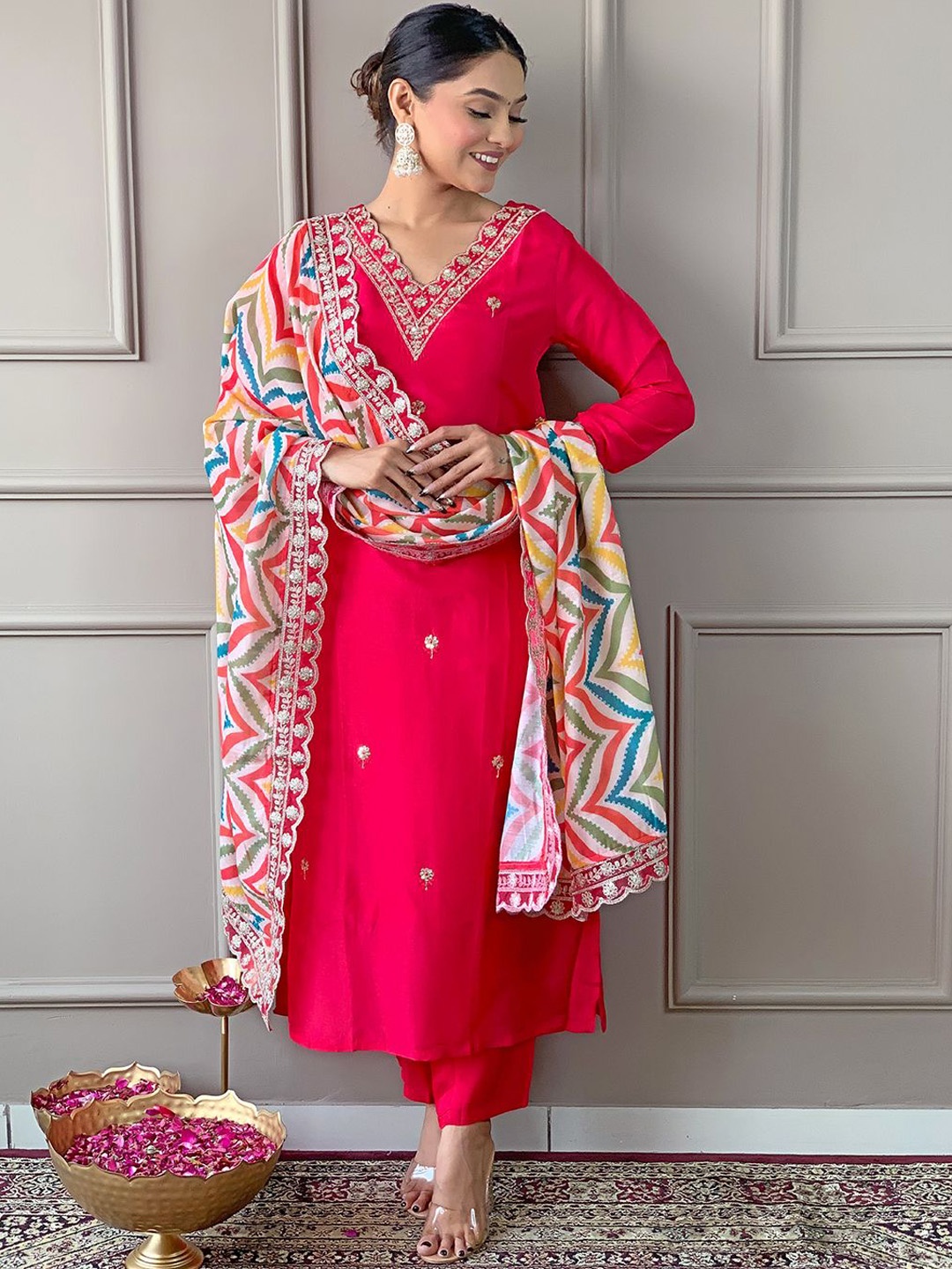 

THE52 Floral Embroidered Sequined Straight Kurta With Trousers & Dupatta, Red