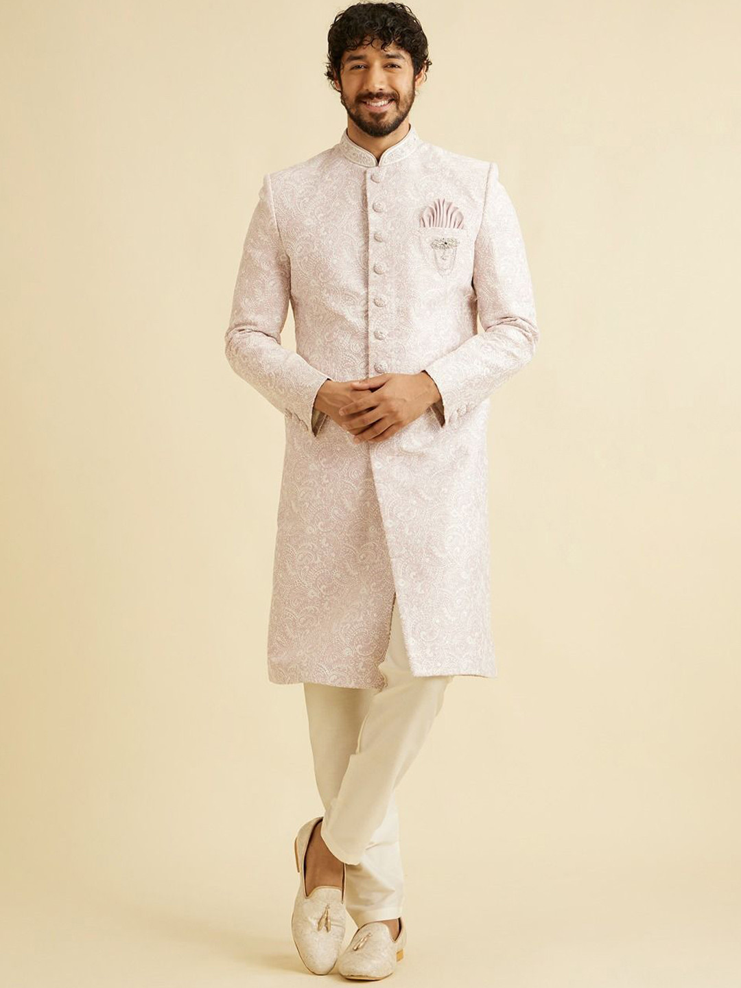 

Manyavar Men Embroidered Mandarin Collar Sherwani Set, Pink