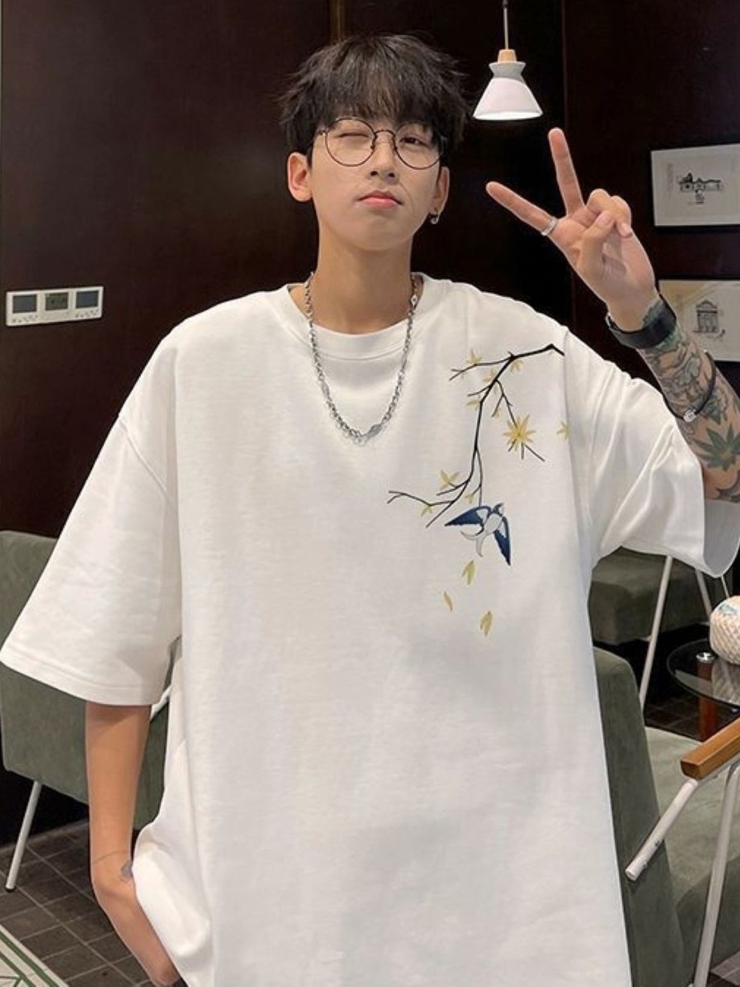 

HERE&NOW Men Floral Printed Round Neck Cotton Oversized T-shirt, White