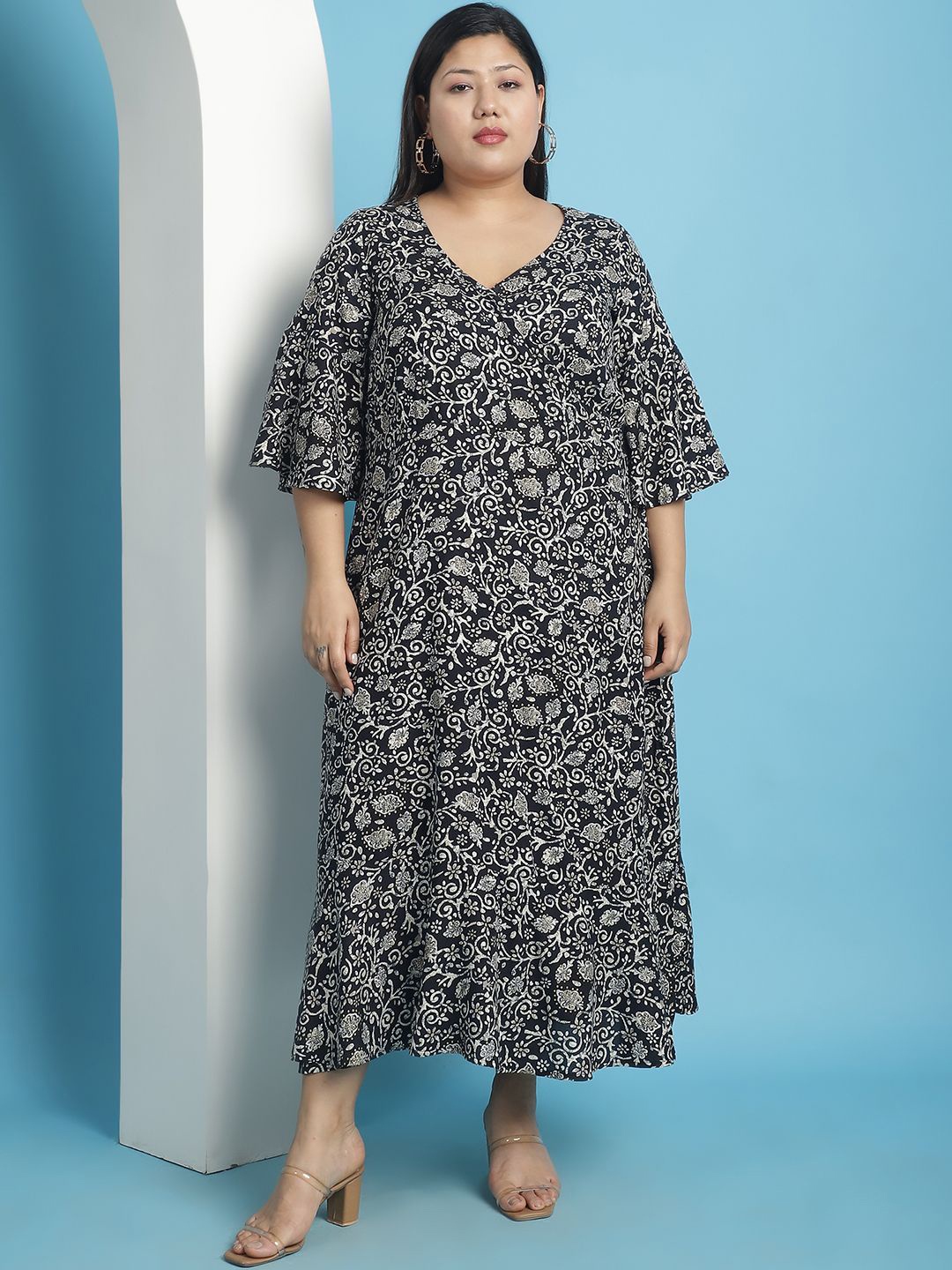 

theRebelinme Women Plus Size Flared Sleeves V-Neck Ethnic Motifs Printed Wrap Maxi Dress, Black