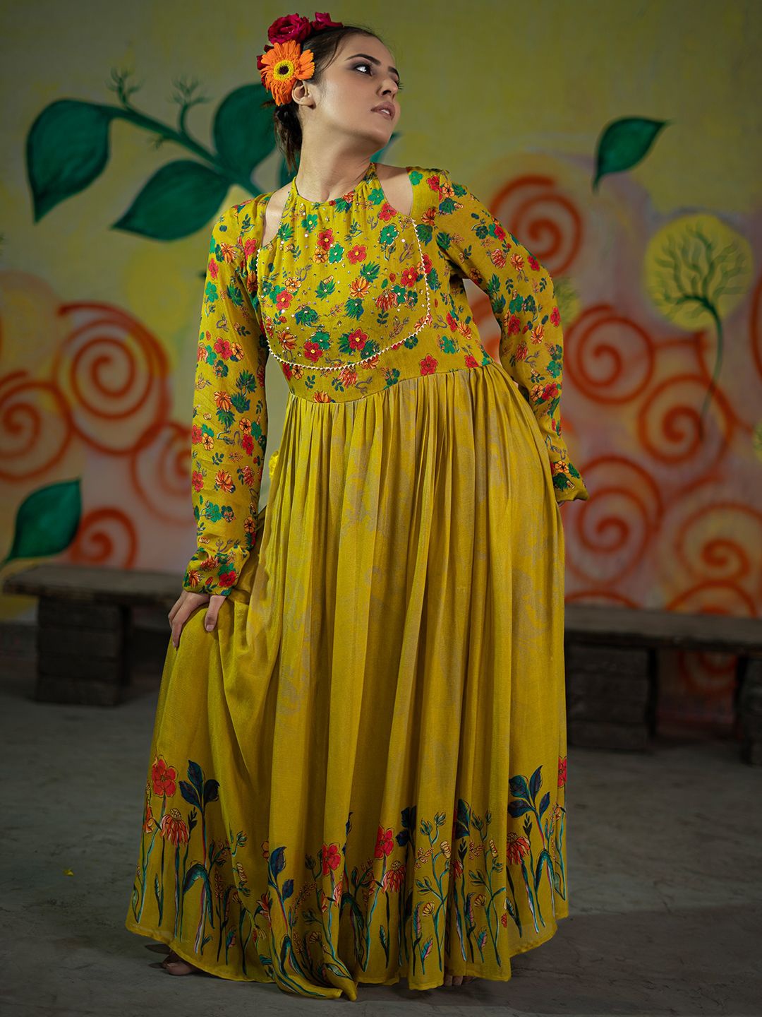 

EARTH O FAB Women Floral Print Chiffon Dress, Mustard