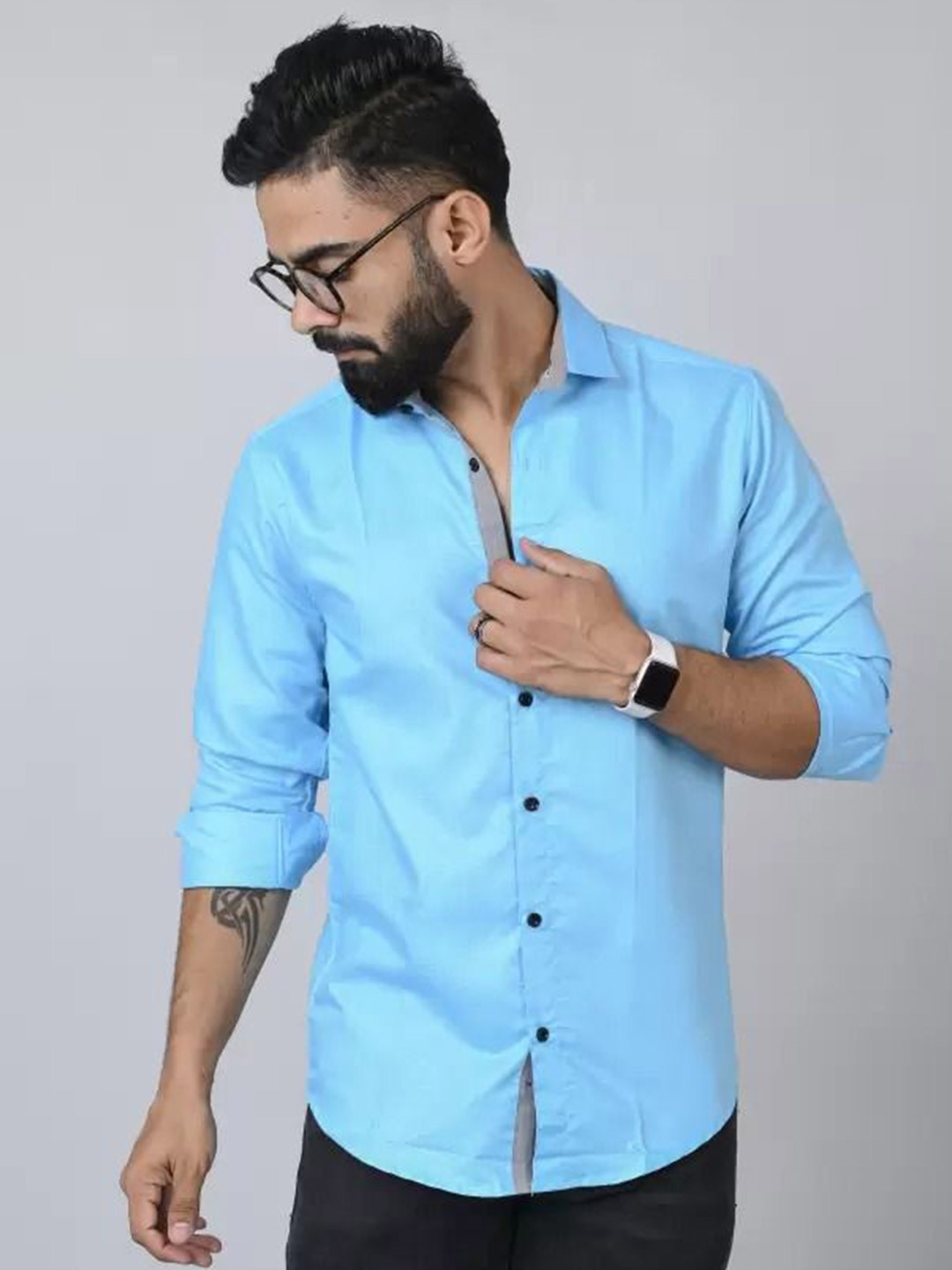 

Tanip Men Spread Collar Solid Cotton Casual Shirt, Blue