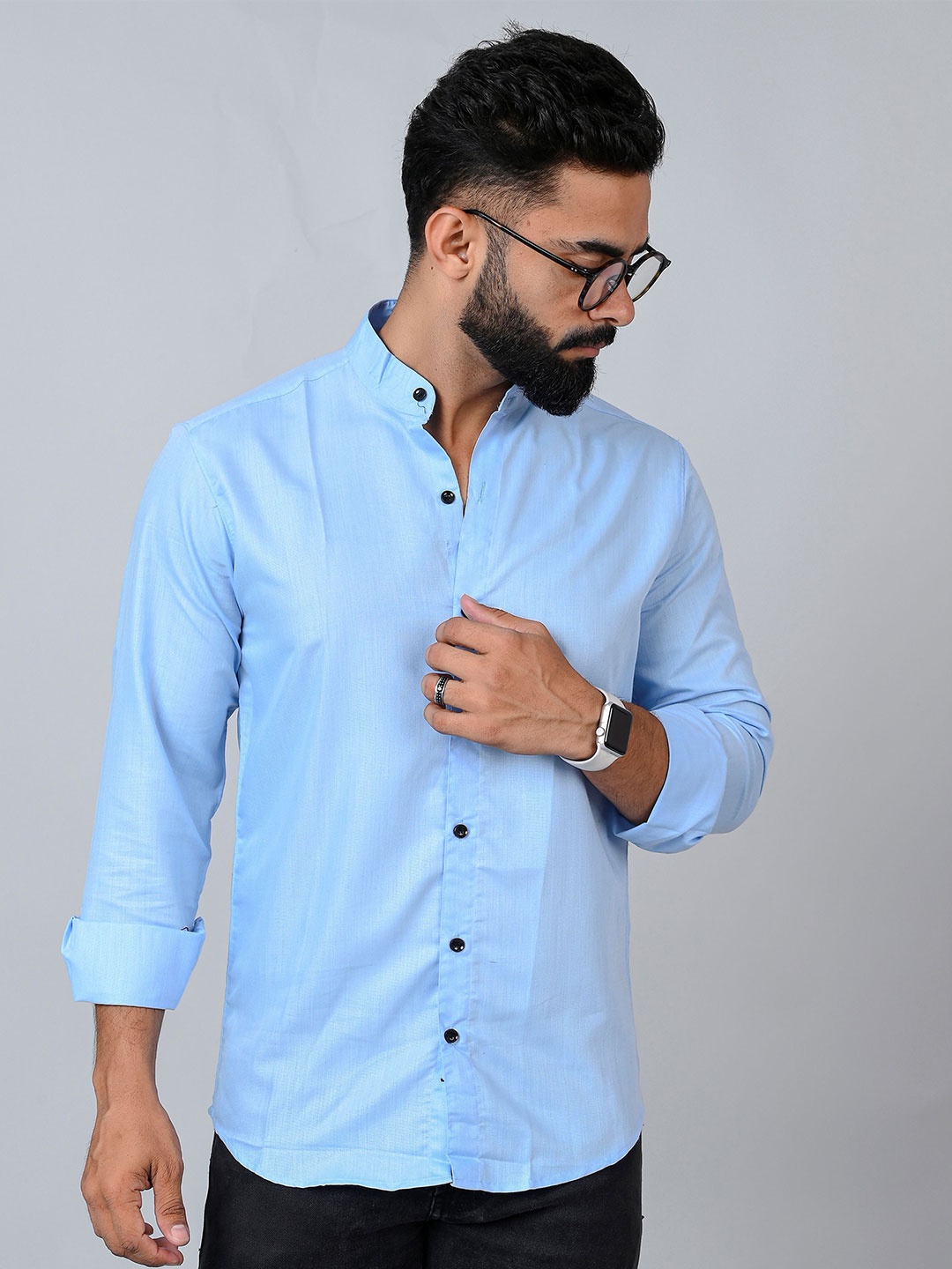 

Tanip Men Mandarin Collar Solid Cotton Casual Shirt, Blue