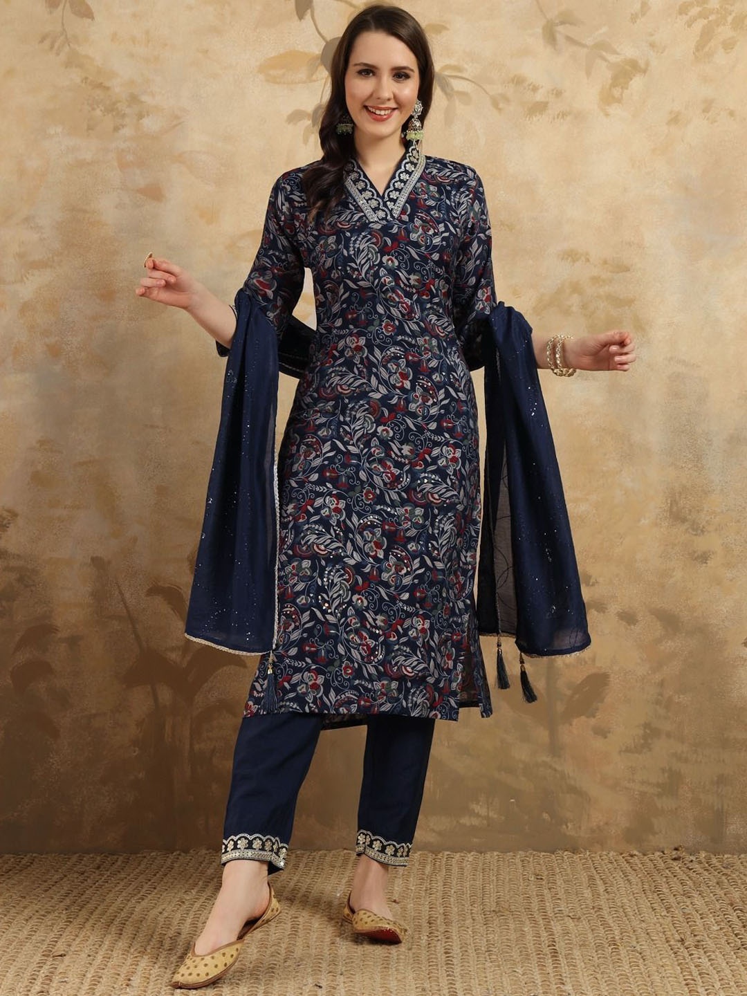 

PARNAVI Floral Printed Chanderi Cotton Kurta with Trousers & Dupatta, Blue