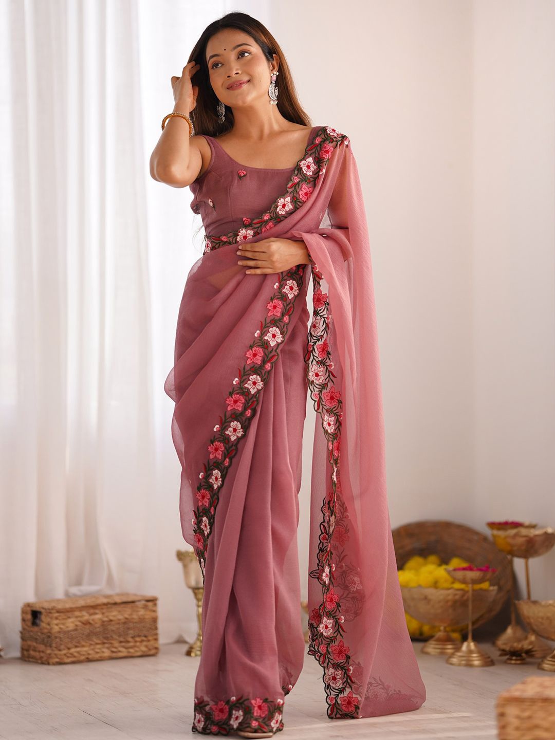 

Panzora Floral Embroidered Saree With Blouse Piece, Pink