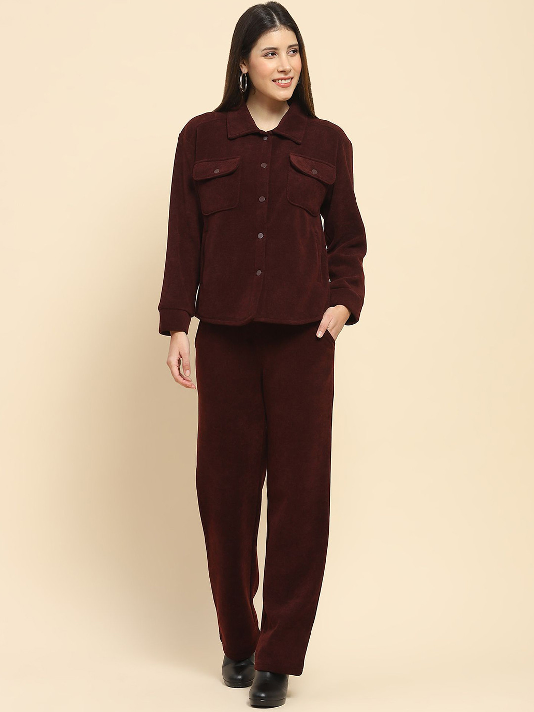 

Global Republic Self Design Shirt Collar Long Sleeves Shirt With Trouser, Burgundy