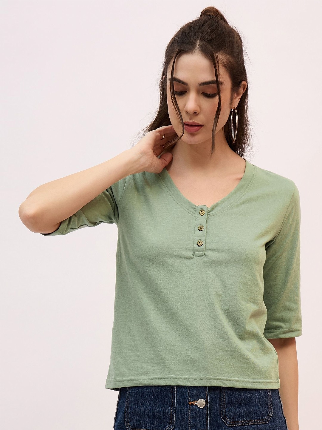 

Mayra Women Solid V-Neck Cotton T-shirt, Green