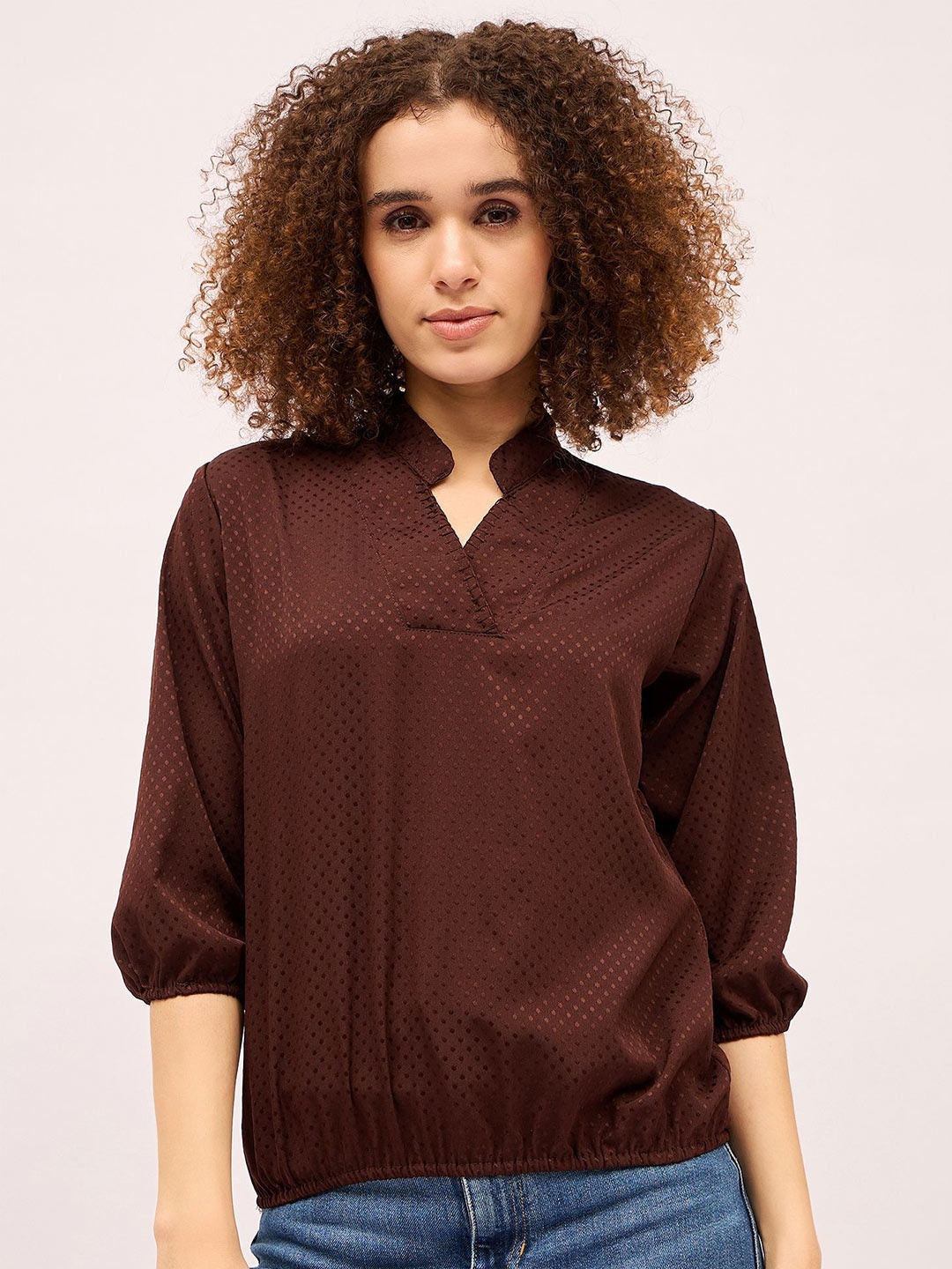

Mayra Polka Dot Mandarin Collar Puff Sleeve Blouson Top, Brown