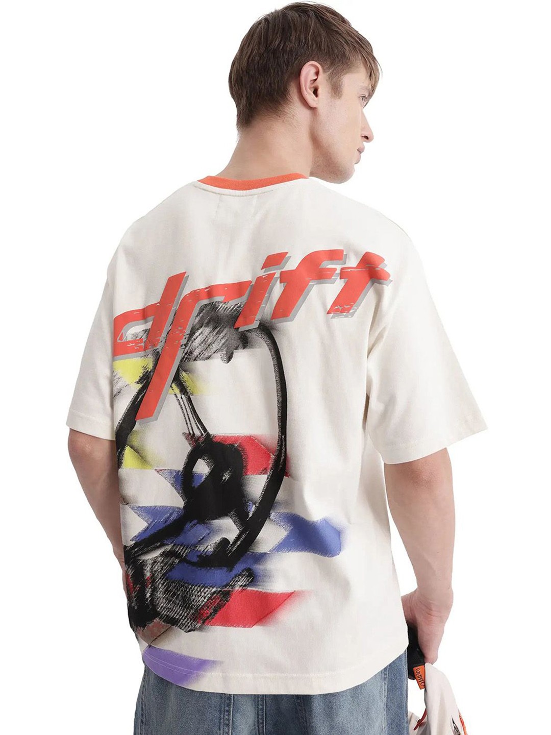 

RARE RABBIT Men Graphic Printed Round Neck Cotton Oversized T-shirt, Off white