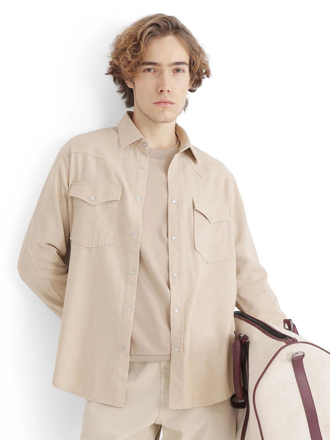 

RARE RABBIT Men Comfort Spread Collar Solid Cotton Relaxed Fit Casual Shirt, Beige
