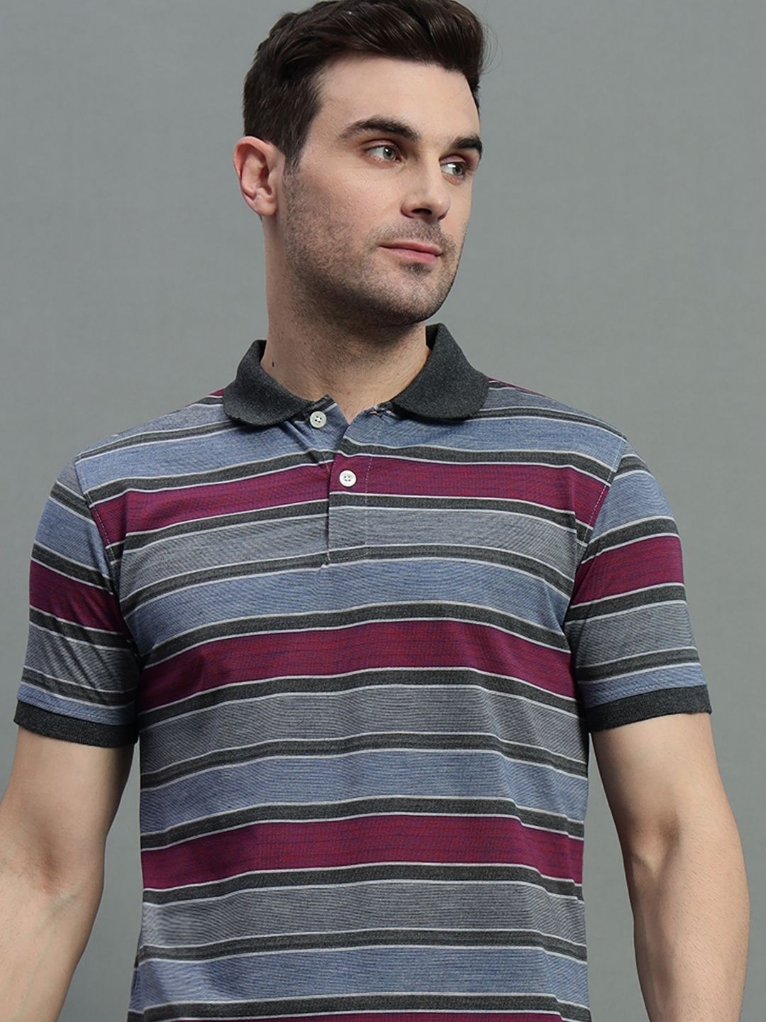 

GET GOLF Men Striped Polo Collar Cotton T-shirt, Grey
