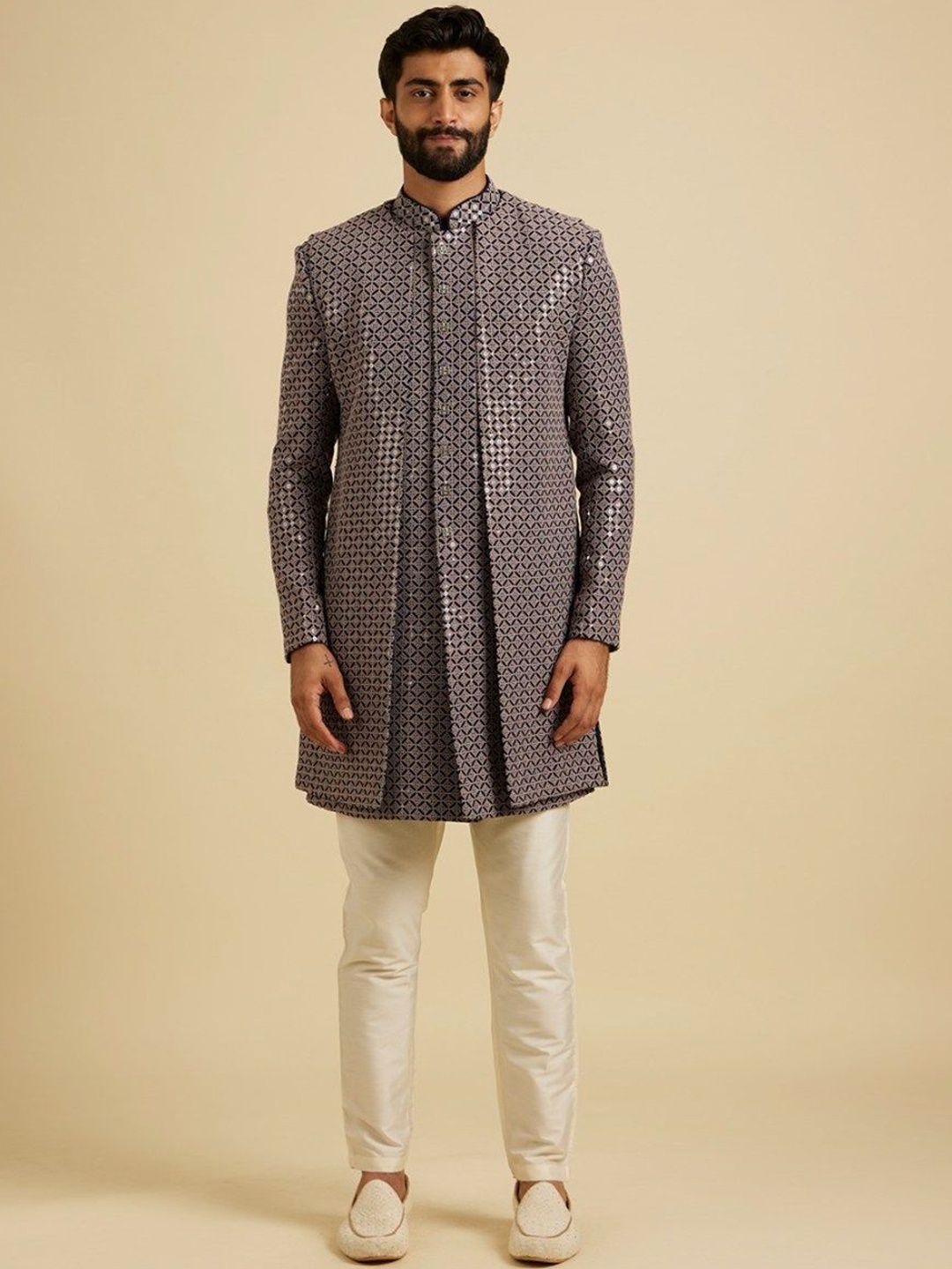 

Manyavar Men Sequin Work Mandarin Collar Sherwani Set, Blue