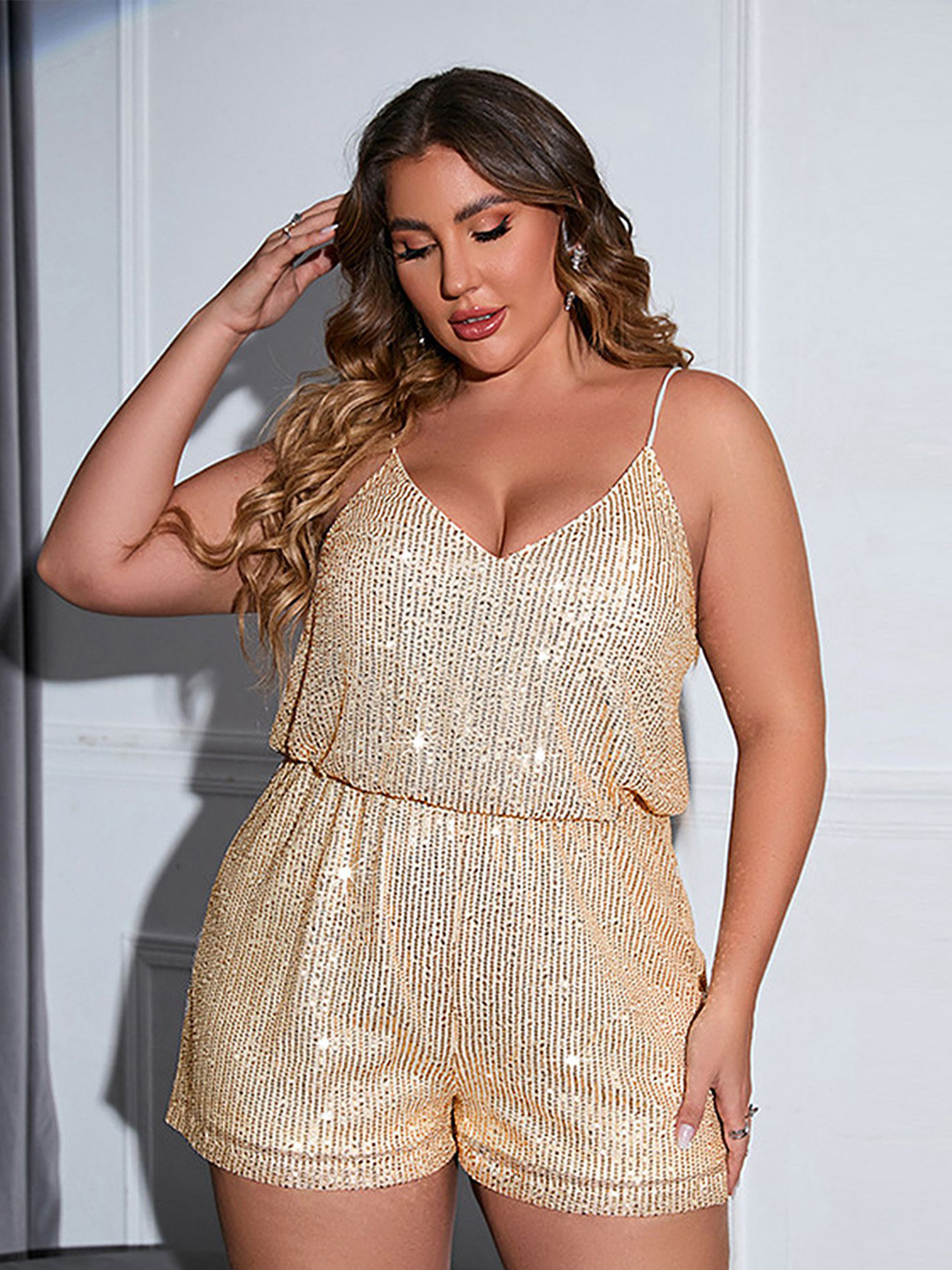

LULU & SKY Women Plus Size Shoulder Straps Embellished Jumpsuit, Beige