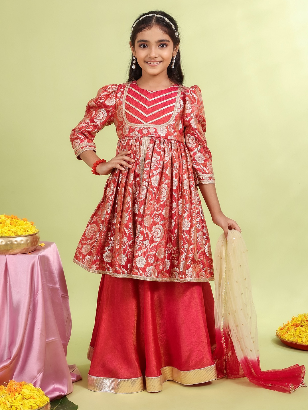

MASTARANG Girls Brocade Floral Printed Lehenga & Blouse With Dupatta, Red