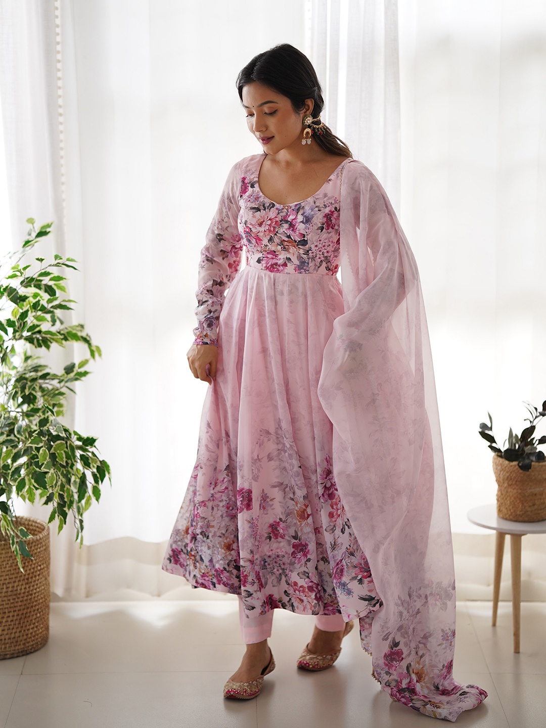 

KALINI Floral Printed Anarkali Kurta with Trousers & Dupatta, Pink