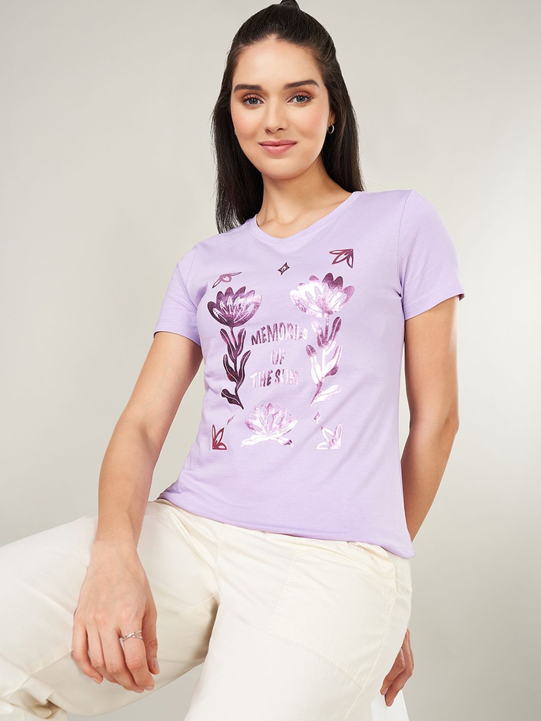 

Honey by Pantaloons Women Floral Printed Cotton Top, Lavender