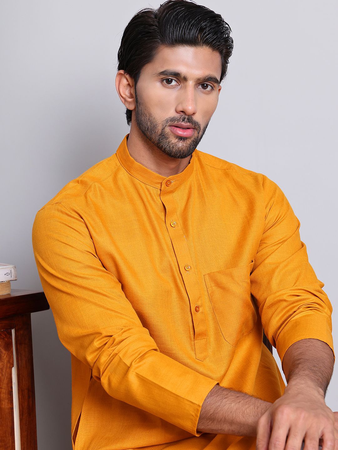 

Jompers Mandarin Collar Regular Cotton Straight Kurta, Mustard