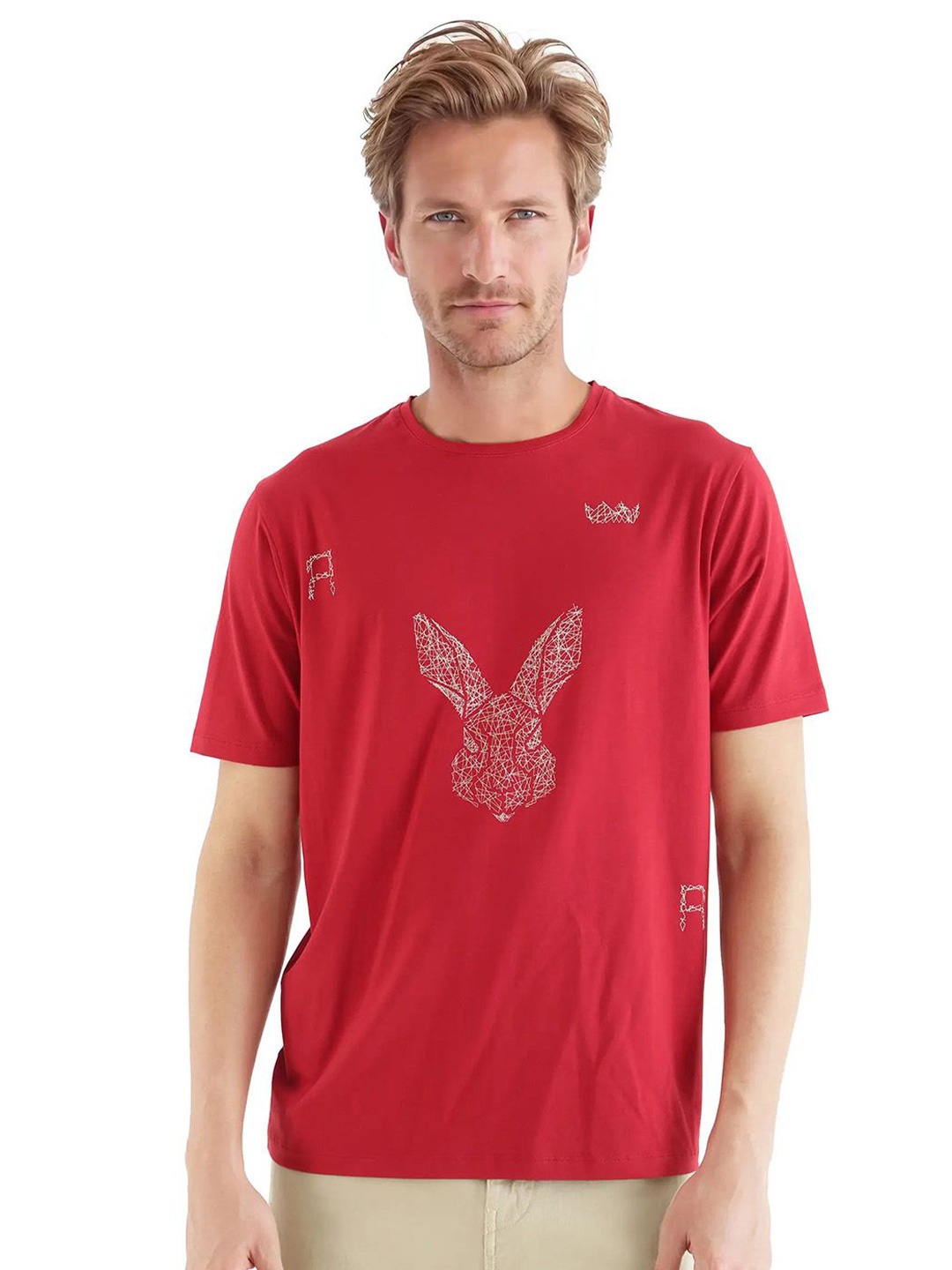 

RARE RABBIT Men Graphic Printed Round Neck Cotton T-shirt, Red
