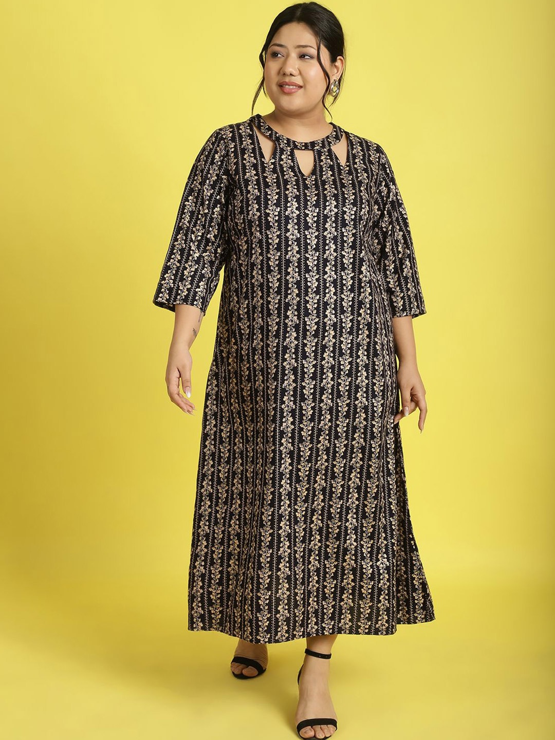 

theRebelinme Plus Size Floral Printed A-Line Midi Dress, Navy blue