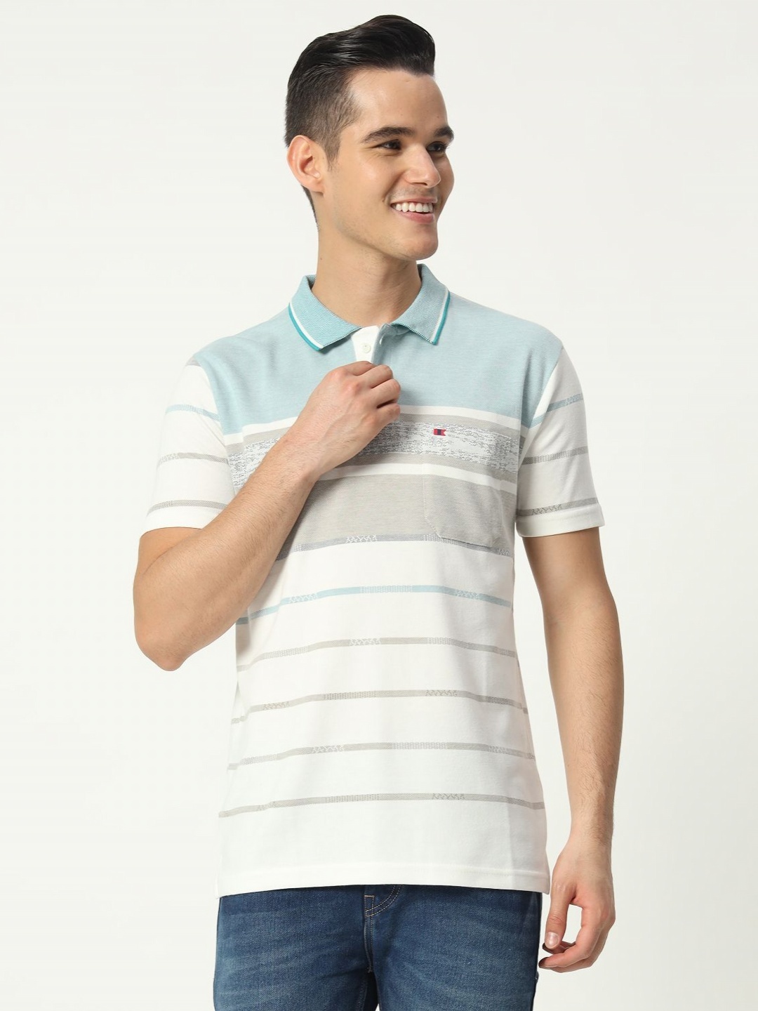 

TAB91 Men Striped Polo Collar Cotton T-shirt, White