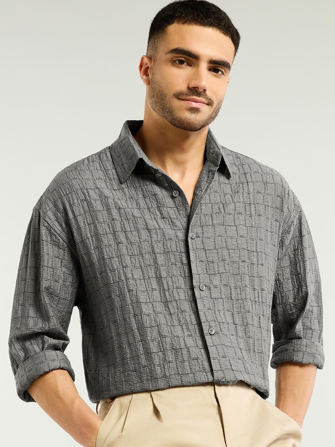 

Beyoung Men Spread Collar Textured Cotton Relaxed Fit Casual Shirt, Grey