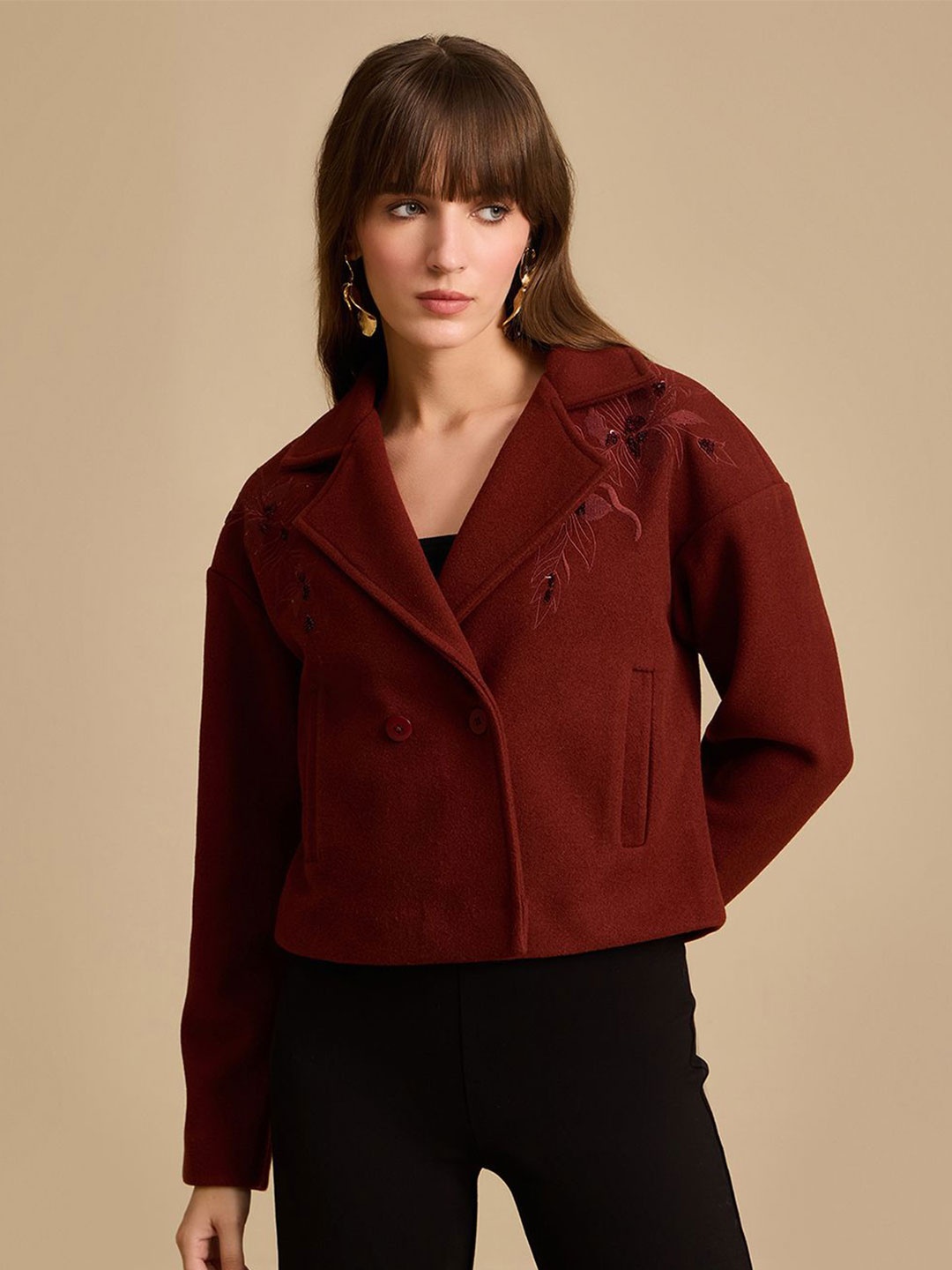 

Kazo Women Lapel Collar Floral Embroidered Casual Tailored Jacket, Maroon