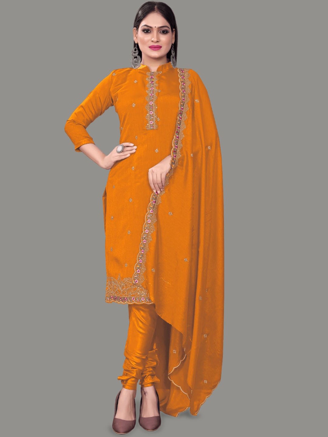 

APNISHA Floral Embroidered Sequinned Pure Silk Unstitched Dress Material, Orange