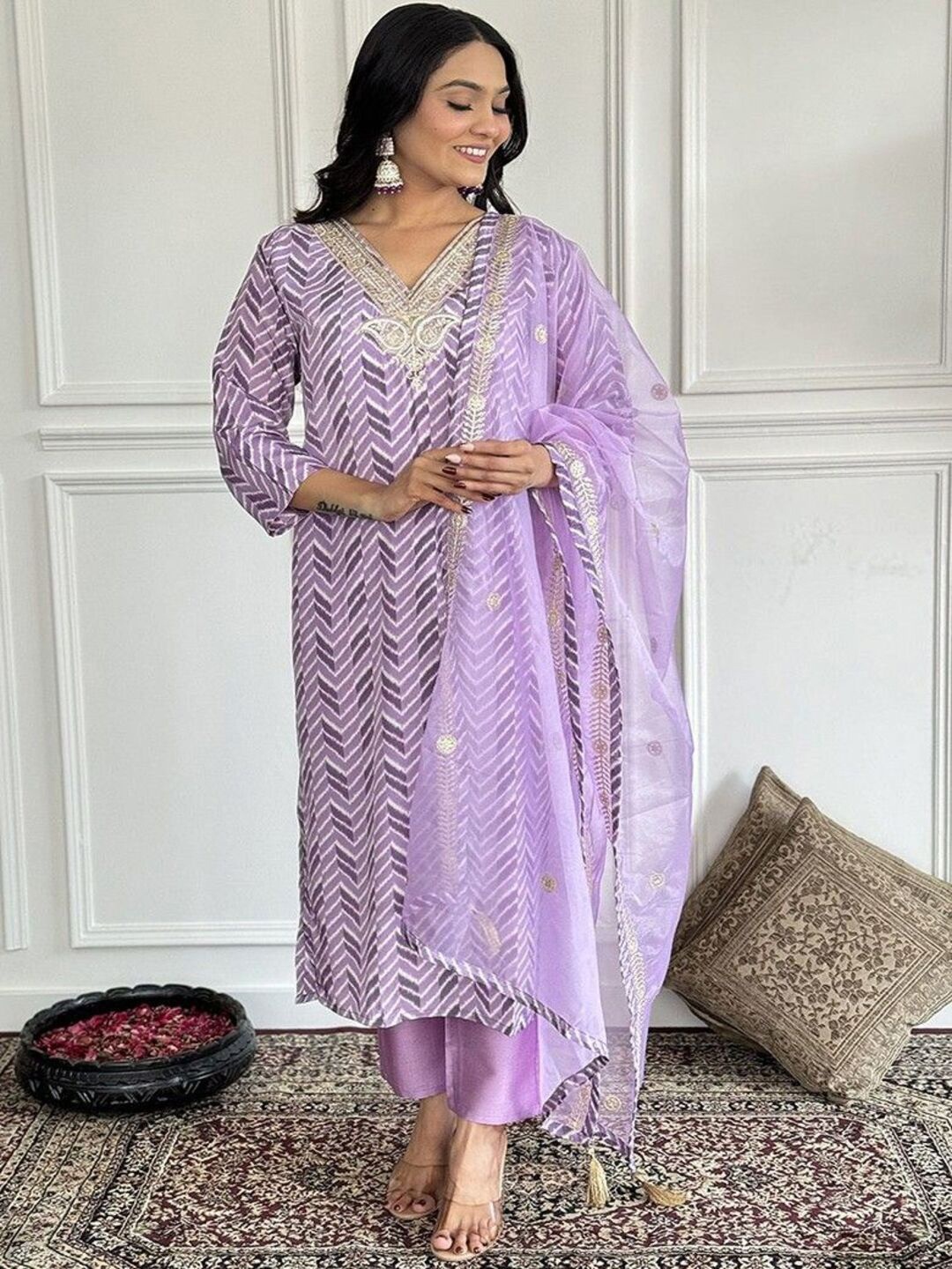 

SHIJILA Chevron Printed Regular Thread Work Kurta With Trouser With Dupatta, Purple