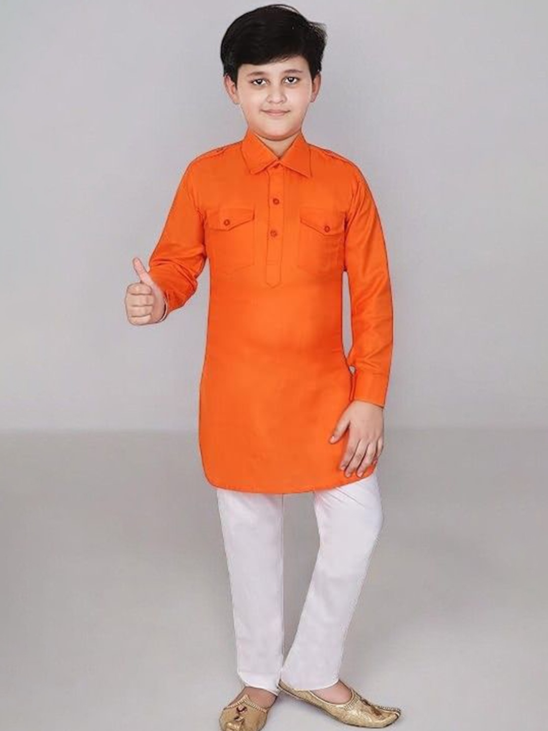 

Eliq Boys Shirt Collar Regular Pure Cotton Straight Kurta With Pyjamas, Orange
