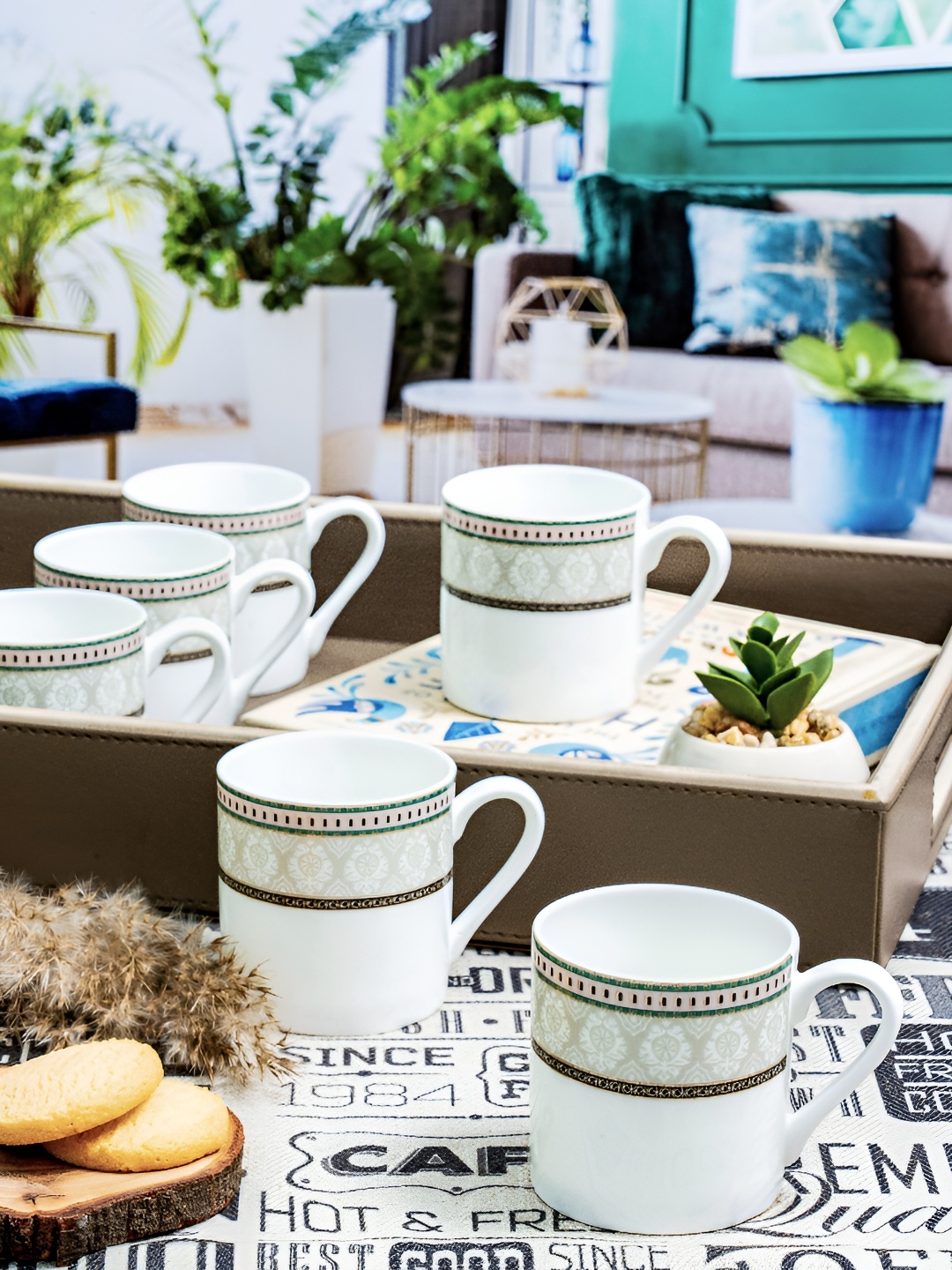 

SONAKI White & Grey 6 Pieces Printed Mugs 120ml