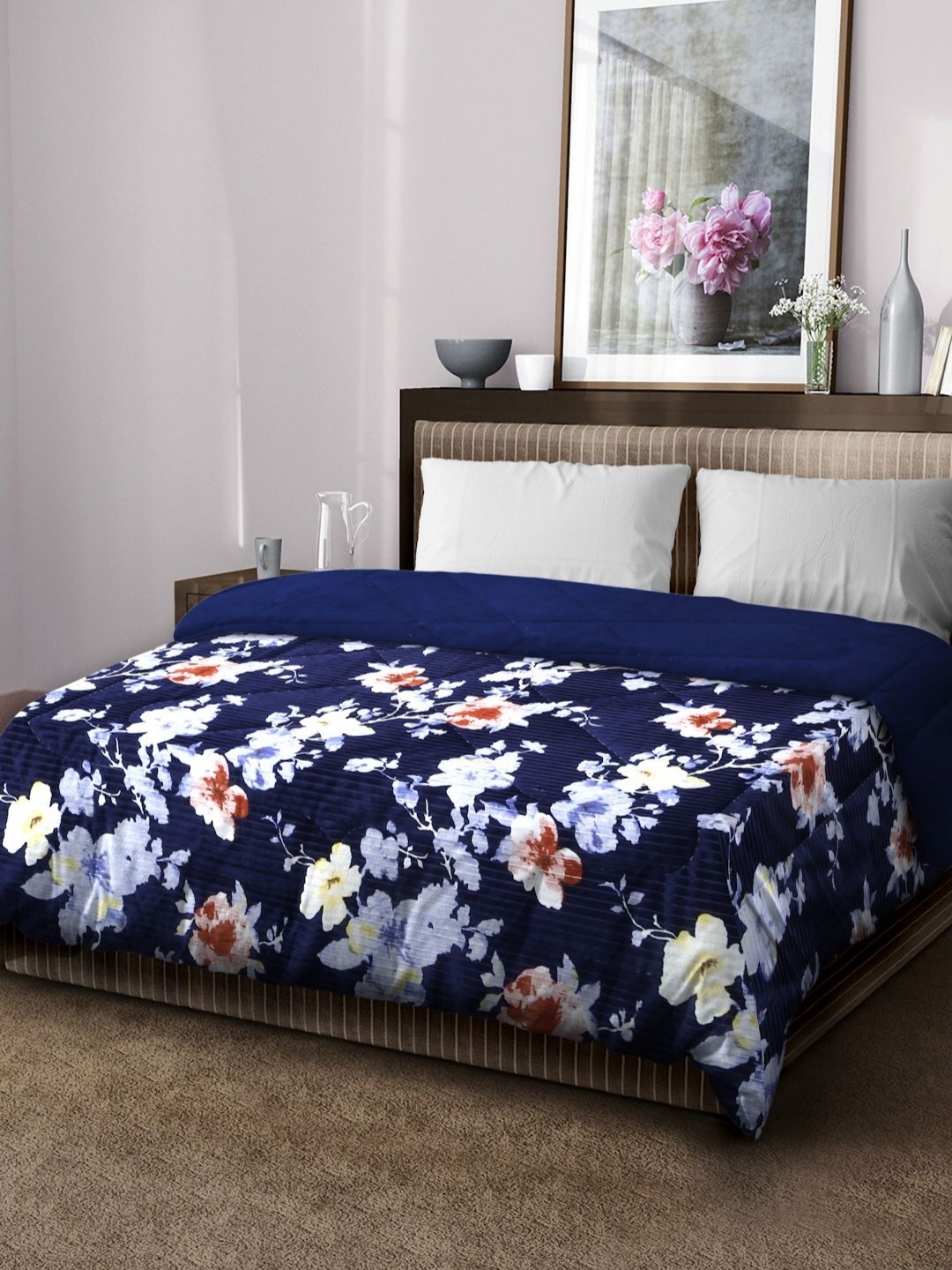 

KLOTTHE Blue Floral Microfiber Filling Woollen 950 GSM Heavy Winter Double Bed Quilt