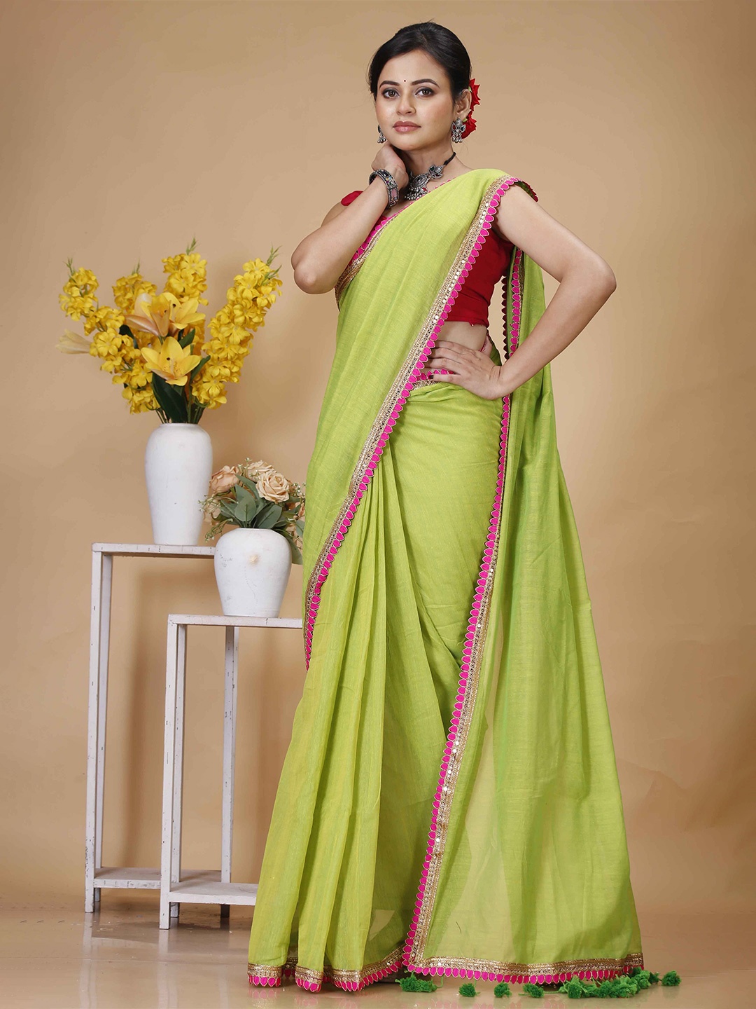 

Ruuprekha Pure Cotton Fusion Khadi Saree, Lime green