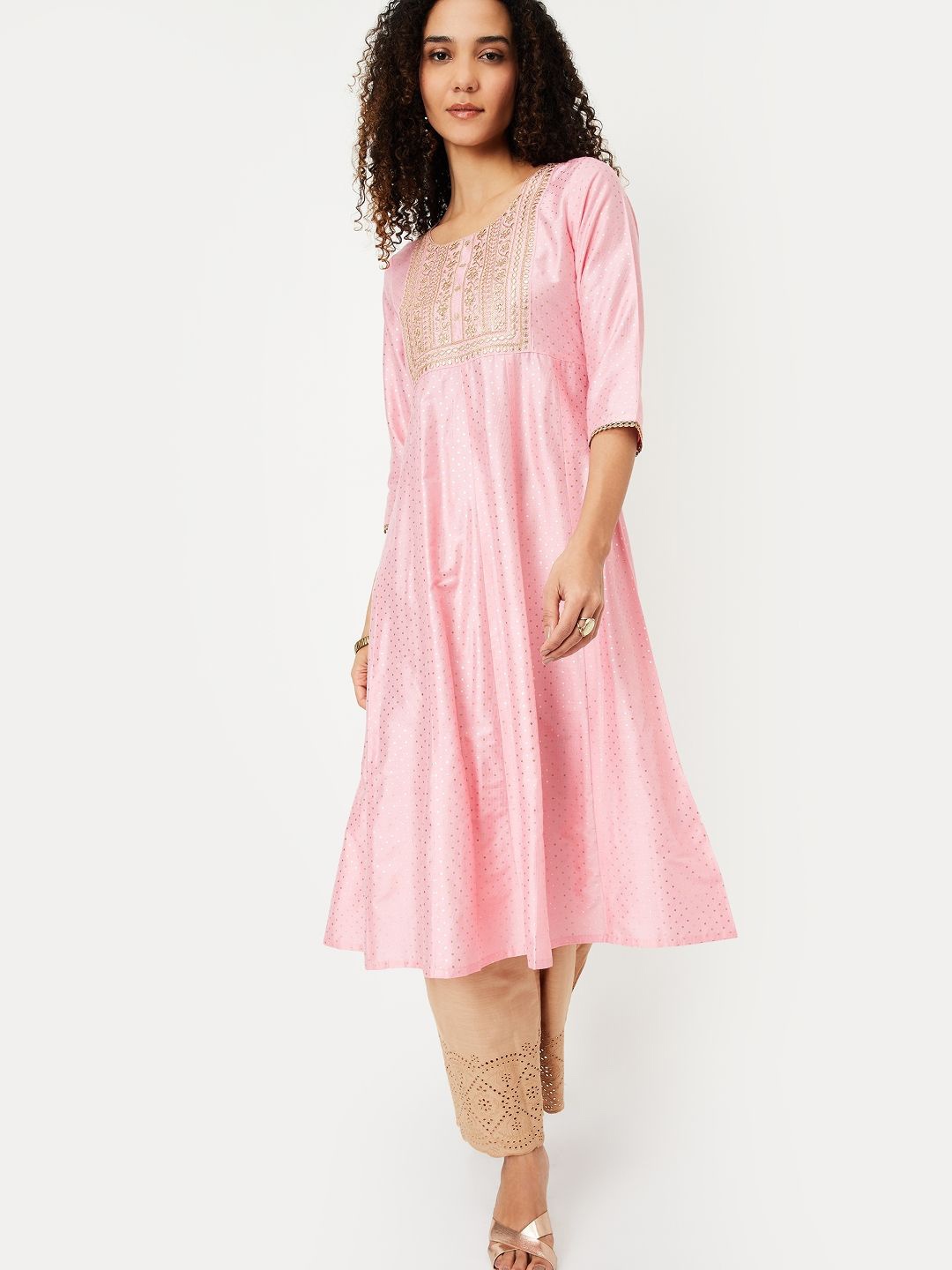 

max Round Neck Polka Dots Woven Design Zari Panelled Anarkali Kurta, Pink