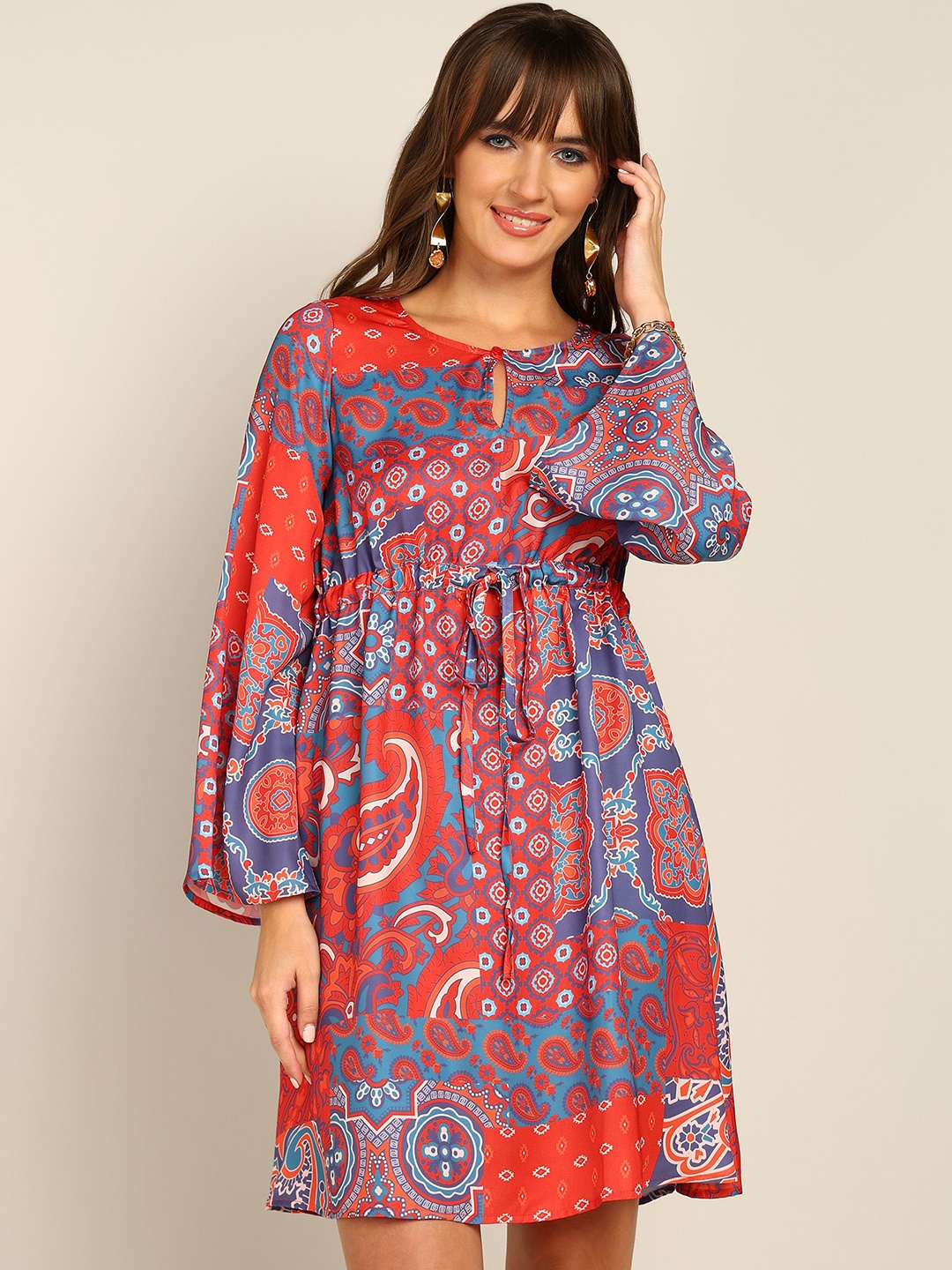 

DressBerry Printed Bell Sleeve Crepe Fit & Flare Dress, Red