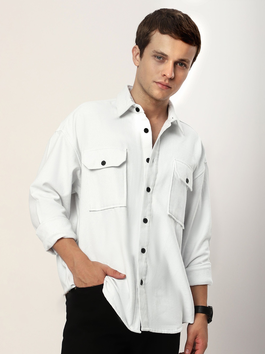 

Beyoung Men Spread Collar Solid Cotton Relaxed Fit Casual Shirt, White