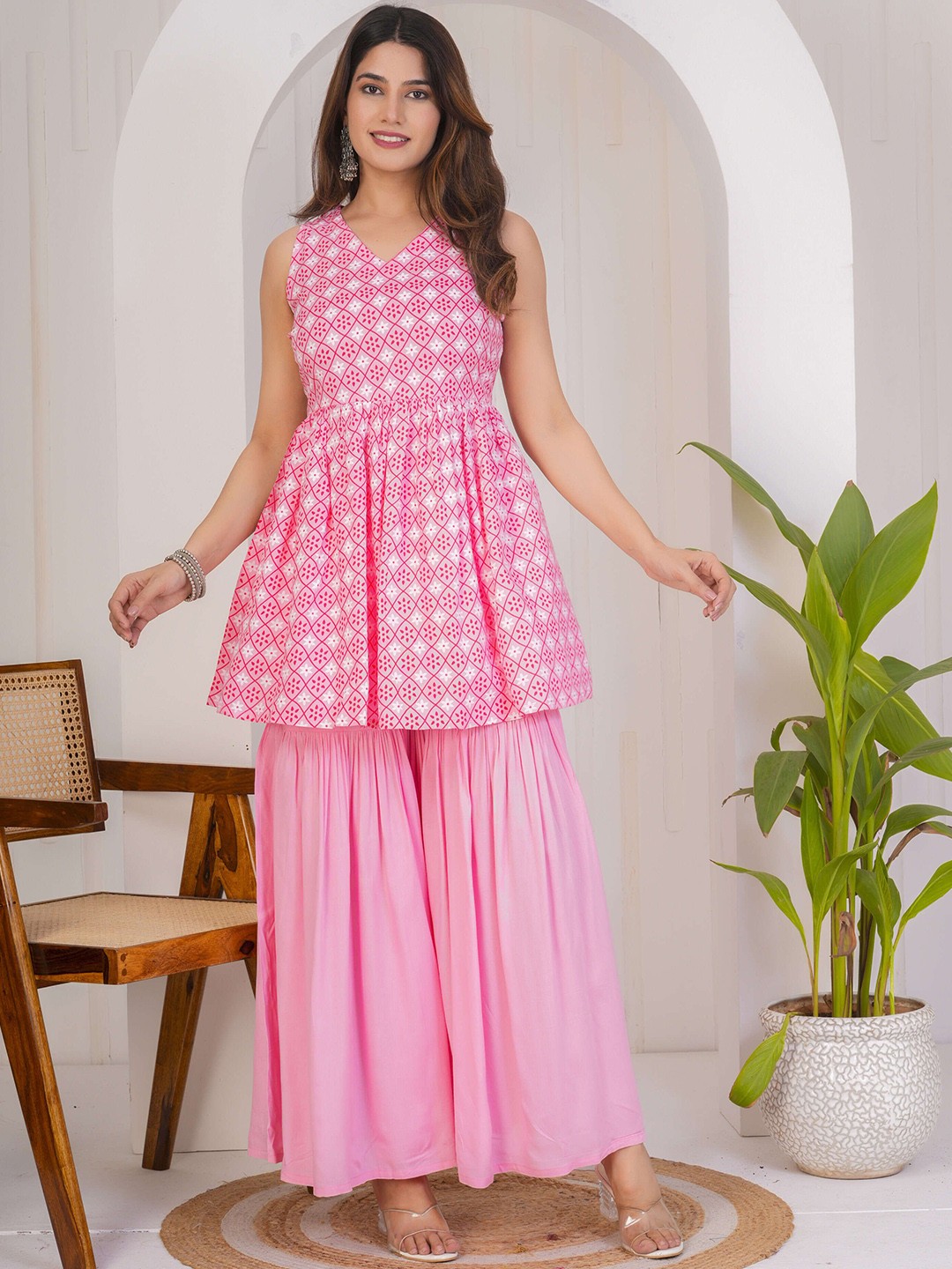 

KALINI Ethnic Motifs Printed Pleated Anarkali Kurti with Sharara, Pink