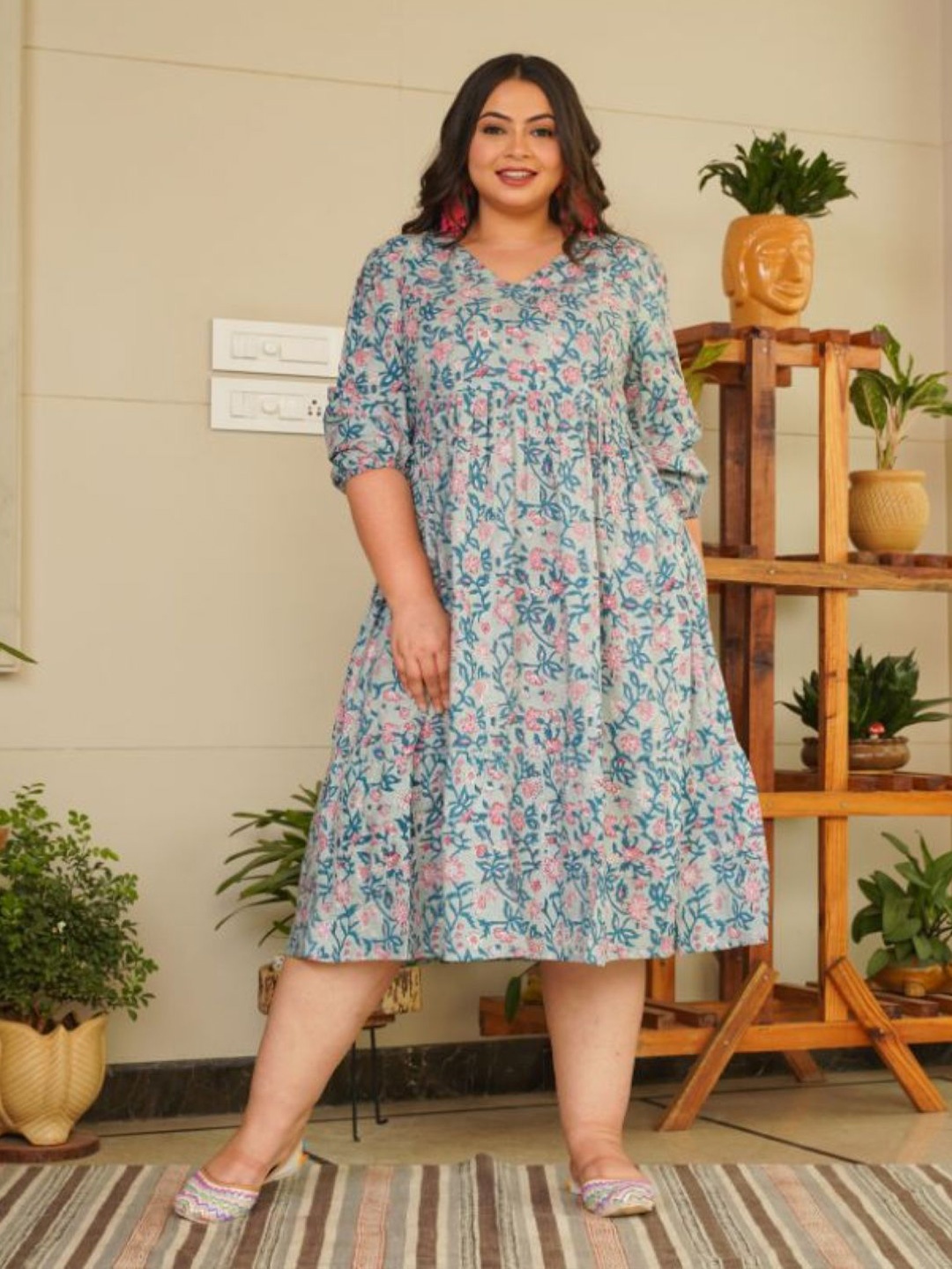 

NANGALIA RUCHIRA Women Cotton Floral Printed Fit and Flare Midi Dress, Blue