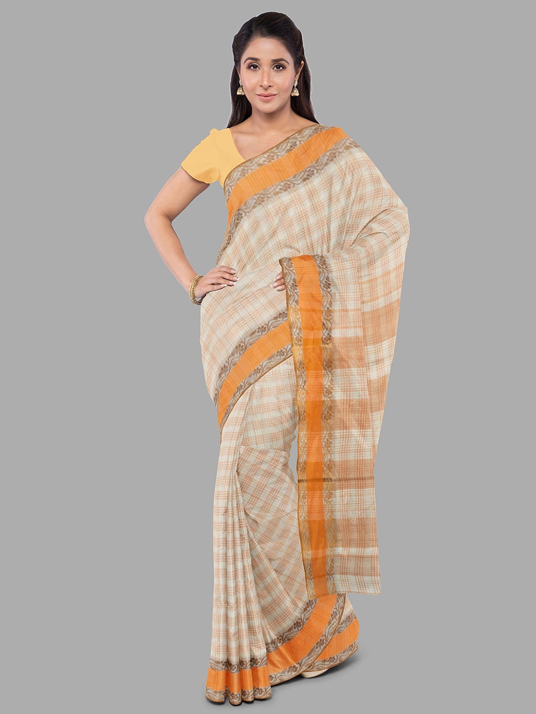 

The Chennai Silks Checked Pure Cotton Fusion Taant Saree, Off white
