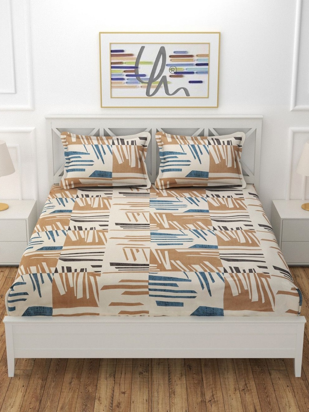 

YaAkholic Beige & White 210 TC King Bedsheet with 2 Pillow Covers