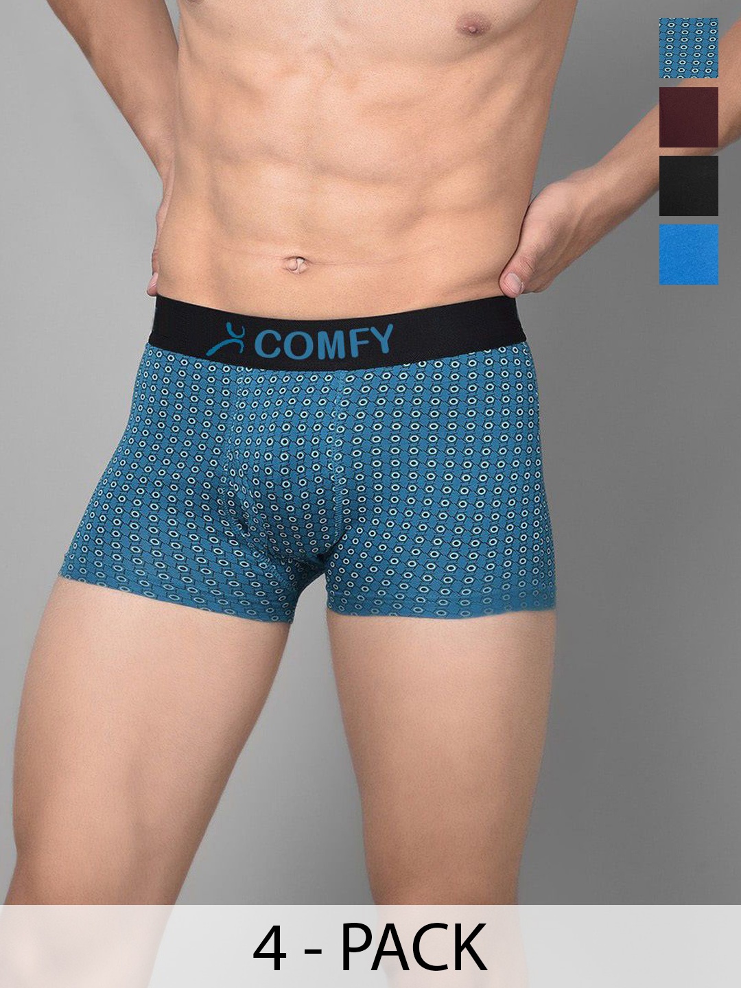 

AMUL COMFY Men Pack Of 4 Assorted Pure Cotton Trunks - Comfy-FCD-Trunk-OE-3-80, Blue