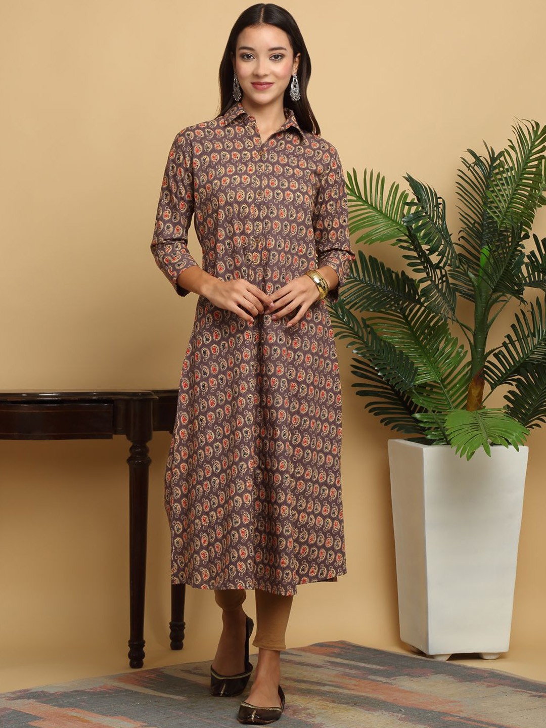 

KALINI Paisley Printed Shirt Collar A-Line Kurta, Grey