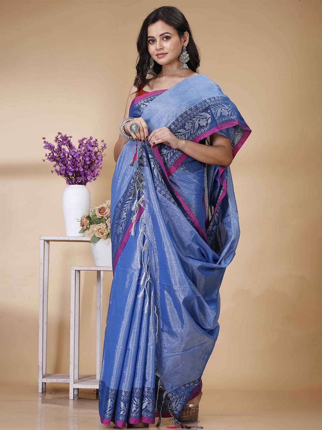 

Ruuprekha Zari Pure Cotton Khadi Saree, Blue
