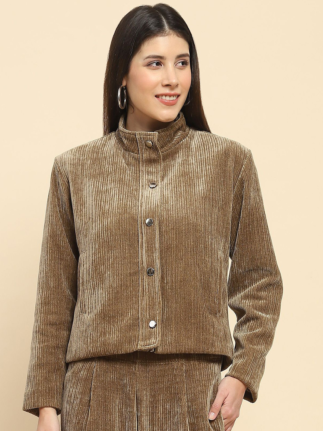 

Global Republic Women Stand Collar Self Design Casual Tailored Jacket, Brown