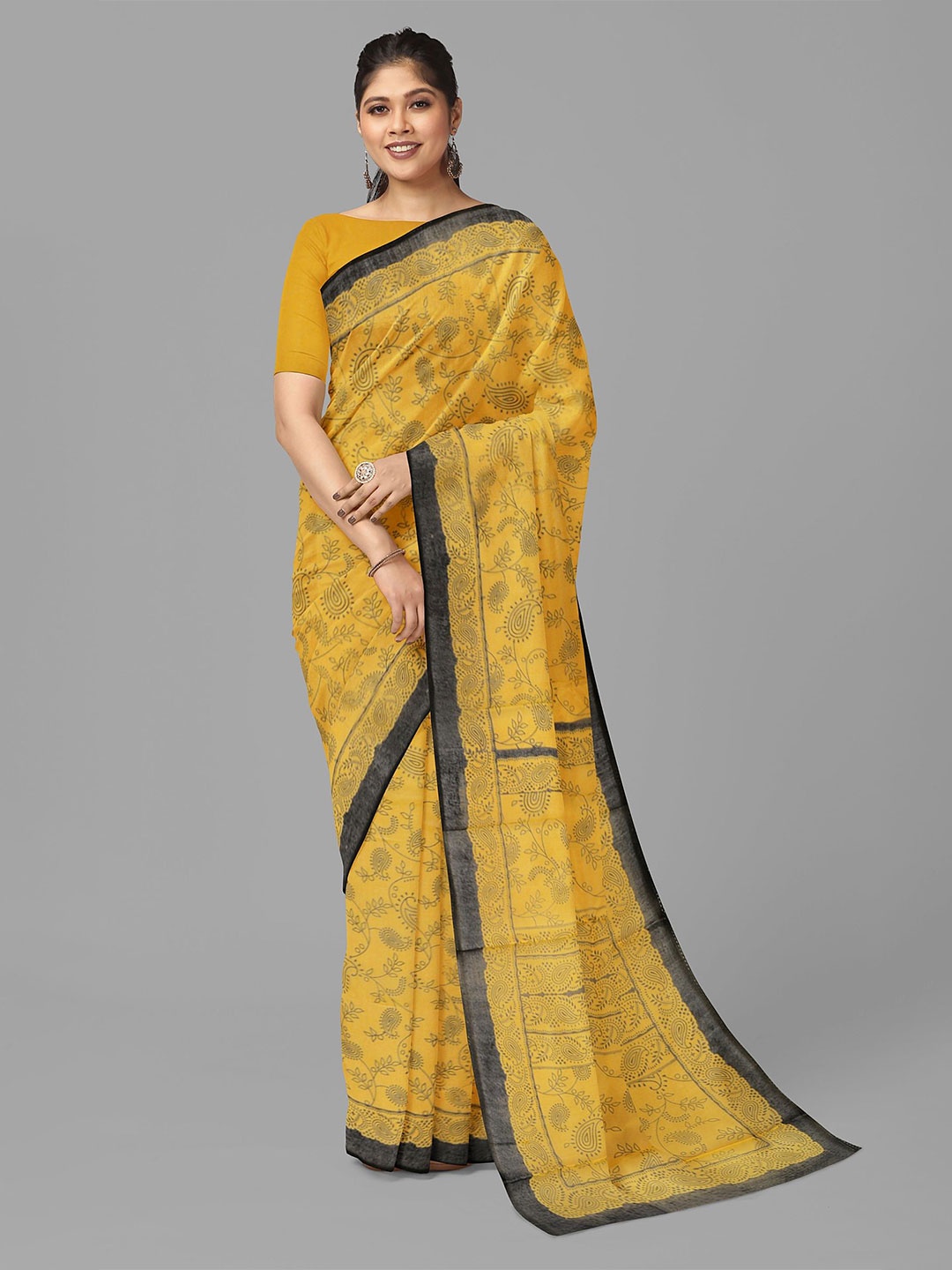 

The Chennai Silks Floral Printed Pure Cotton Muga Saree, Mustard