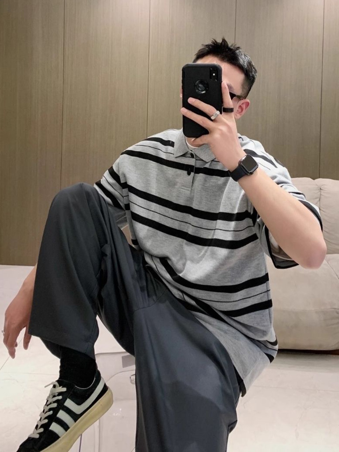 

HERE&NOW Men Striped Polo Collar Oversized T-shirt, Grey